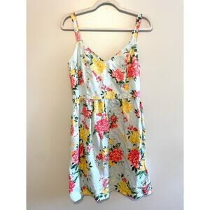 Cynthia Rowley Size 6 Blue Floral 100% Linen Summer Dress Sleeveless Pink Yellow